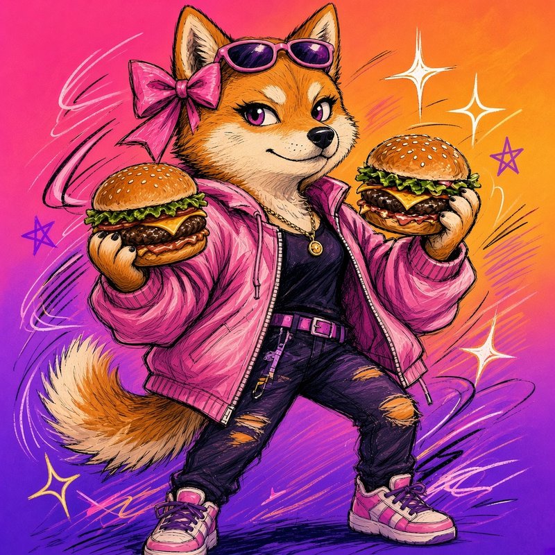 Sheems in a pink bomber jacket and sunglasses holding a burger in each hand